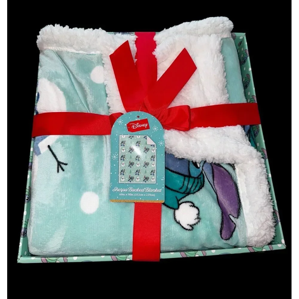 Disney Stitch Christmas Plush Sherpa   Adorable Holiday Blanket Blue 60